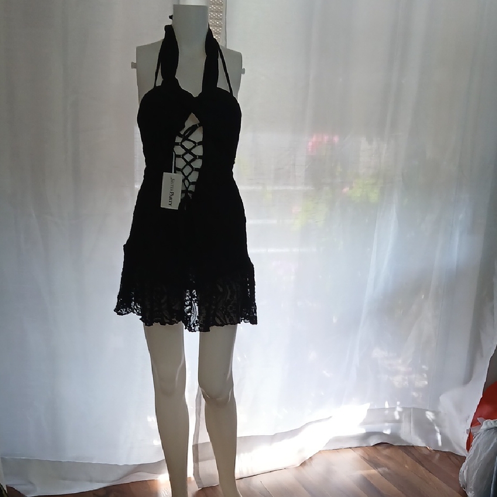 Black Bustier Tie Front Mini Dress